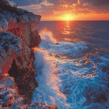 Crashing Waves Against a Rocky Cliff at Sunset, The water blurs into spray, the ocean's relentless charge.