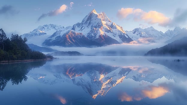 Snow-Capped Mountain Reflected in a Crystal Lake, The peaks blur with the reflection, nature's grandeur doubled in still waters.