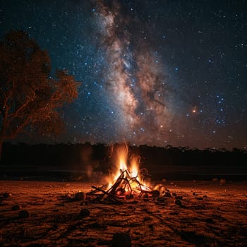 Crackling Campfire Embers Under a Canopy of Stars, The fire blurs with the night, stories and warmth shared under the cosmos.