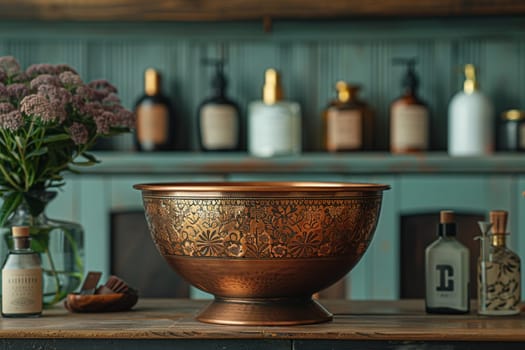 Engraved Copper Basin on a Vintage Apothecary Counter, The copper blurs with the antique backdrop, suggestive of heritage beauty formulas.