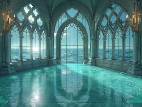 Abandoned Gothic Cathedral Windows Overlooking the Sea, The glass blurs with the waves, a view of serenity from a silent nave.