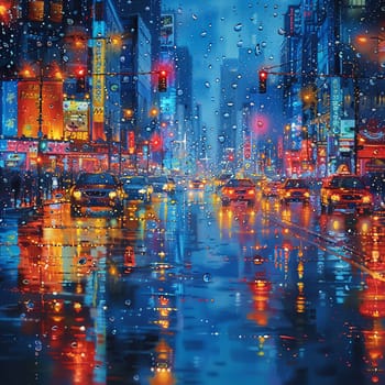 Sparkling City Reflections on a Rain-soaked Boulevard, The lights blur with the pavement, urban life painted in watercolor drops.