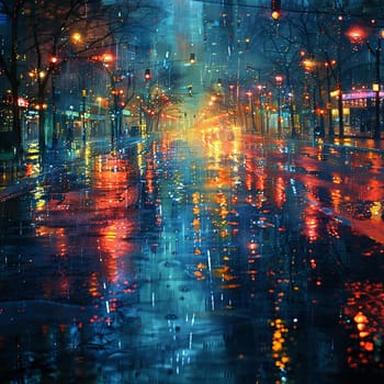 Sparkling City Reflections on a Rain-soaked Boulevard, The lights blur with the pavement, urban life painted in watercolor drops.