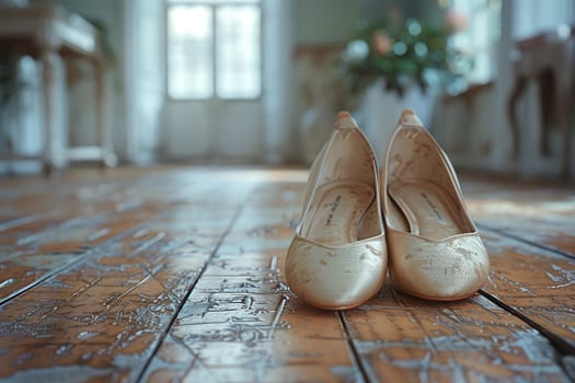 Ethereal Ballet Pointe Shoes Abandoned in a Dance Studio, The satin blurs with the wood, echoes of grace and discipline left behind.