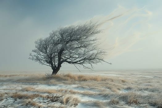 Windswept Prairie with a Lone Cottonwood Tree, The branches blur with the grass, a dance of life in the open expanse.