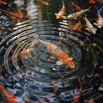 Ripples Across a Koi Pond at a Tranquil Zen Garden, The water blurs with movement, each ripple a meditation on tranquility.