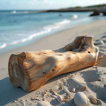 Sun-bleached Driftwood Display on a Coastal Dune, The wood blurs with the sand, perfect for eco-friendly and beach-inspired beauty products.