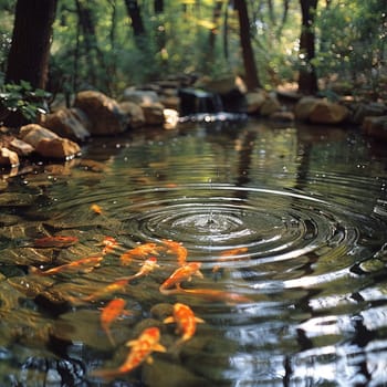 Ripples Across a Koi Pond at a Tranquil Zen Garden, The water blurs with movement, each ripple a meditation on tranquility.