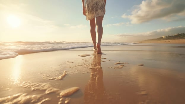 woman walking on the beach, Wet shoreline sand with barefoot prints, ai