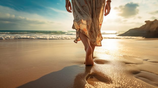 woman walking on the beach, Wet shoreline sand with barefoot prints, ai