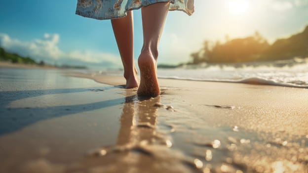 woman walking on the beach, Wet shoreline sand with barefoot prints, ai