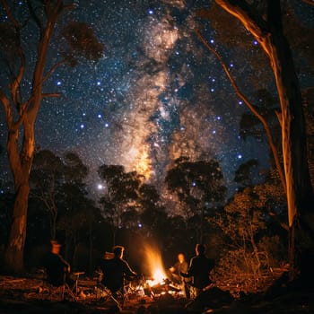 Crackling Campfire Embers Under a Canopy of Stars, The fire blurs with the night, stories and warmth shared under the cosmos.