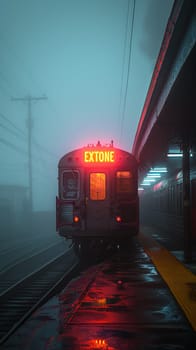 Vintage Train Car Waiting on Foggy Tracks at Dawn, The steel blurs with the mist, an invitation to a journey shrouded in mystery.