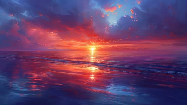Sunset Reflections on a Calm Ocean Horizon, The sun's colors blur into the water, day's end painted on nature's canvas.