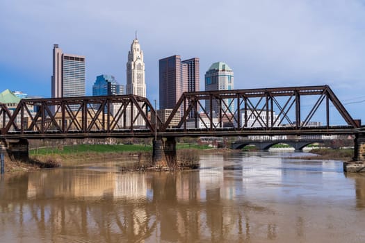 Columbus Ohio waterfront view of the downtown financial district from the River Scioto through a railroad truss bridge