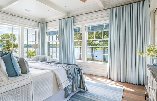 Beautiful interior of luxury bedroom with window sea view. Coastal cottage concept. High quality photo