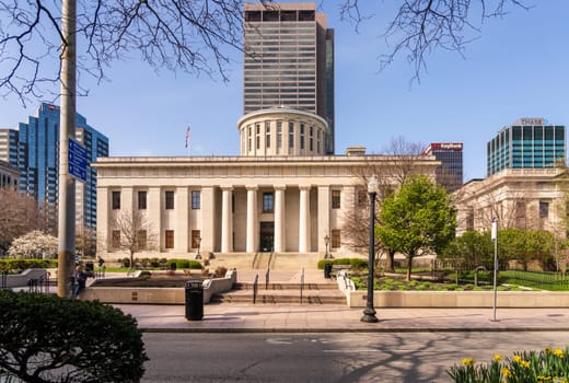 Columbus, OH - 7 April 2024: Side entrance to the Ohio state Capitol building in the financial district of Columbus