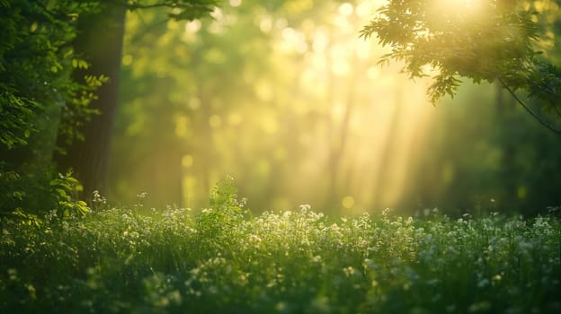 A serene dawn breaks as warm sunlight filters through the vibrant green leaves of a lush garden, heralding a new day - springtime background - Generative AI