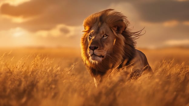 A regal lion moves stealthily through the tall savanna grass, bathed in the warm glow of the setting sun - Generative AI