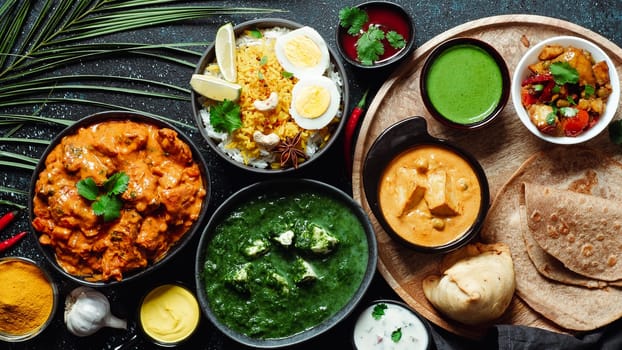 Indian cuisine dishes: tikka masala, paneer, samosa, chapati, chutney, spices. Indian food on dark background. Assortment indian meal top view or flat lay. Copy space for text.