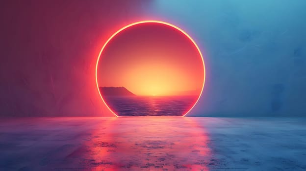 A vibrant red circle representing the sunset is reflected in the water, creating a mesmerizing atmosphere. The sky is filled with clouds and a beautiful afterglow, adding to the picturesque scene