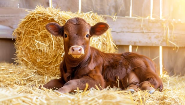 Adorable Brown Calf, Jersey Baby Cow Lying On Amidst Hay In Wooden Barn With Sunlight, Free Range Of Livestock. Beef, Organic Meat. Domestic Mammal Animals, Cattle Raising. Ai Generated Horizontal.
