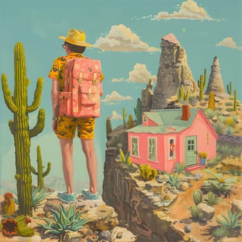 An illustration of a man with a backpack gazing at a pink house, surrounded by plants and under a cloudy sky, painted in vibrant colors