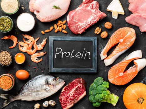 Various protein sources concept. Animal and plants ingredients selection and chalckboard with Protein word over dark background. Top view or flat lay.