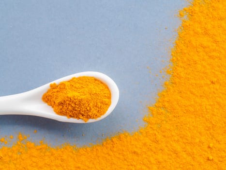 Turmeric Powder or Curcuma longa and white spoon with turmeric powder on gray background. Top view. Copy space for text.