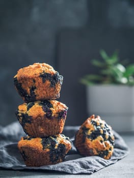 Homemade vegan blueberry muffins on dark background. Stack of three egg-free muffins with copy space for text or design. Low key. Vertical.