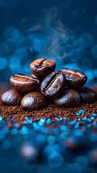 A beautiful still life photography of electric blue singleorigin coffee beans on a bed of freshly ground coffee, showcasing the sweet aroma of this plantbased ingredient