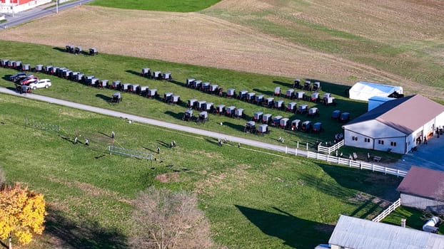Captured from above, this image showcases an Amish community gathering, with a lineup of traditional horse-drawn buggies. Perfect for pieces on Amish culture, rural life, or transportation history., for an Amish wedding
