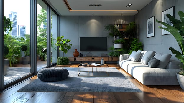 A living room in a building featuring a couch, television, and abundant natural light from lots of windows. The interior design includes wooden floors and a cozy atmosphere