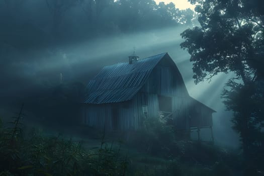 A mysterious atmosphere in a foggy forest with the sun shining through the trees, creating a unique natural landscape filled with mist and darkness