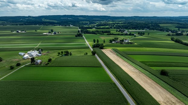 Overhead view of a tapestry of farm fields, creating a vibrant quilt-like pattern that epitomizes the heart of agricultural America.