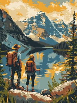 A couple stands on a rocky outcrop by a lake, surrounded by towering mountains in the background, enjoying the peaceful natural landscape