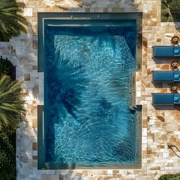 An aerial view of a massive rectangle pool with azure water, surrounded by green plants and wooden facade, creating a tranquil oasis