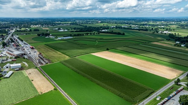 A stunning overhead shot that contrasts the structured urbanity of a small town against the lush, sprawling farmland that surrounds it.