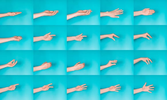 Gesturing female hands on blue background. Set of gesturing female hands isolated on blue. Hello, have-five and other symbols.