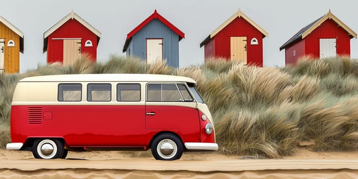 A vintage red and white VW bus is parked in front of a colorful row of beach huts, adding a retro touch to the seaside scene.
