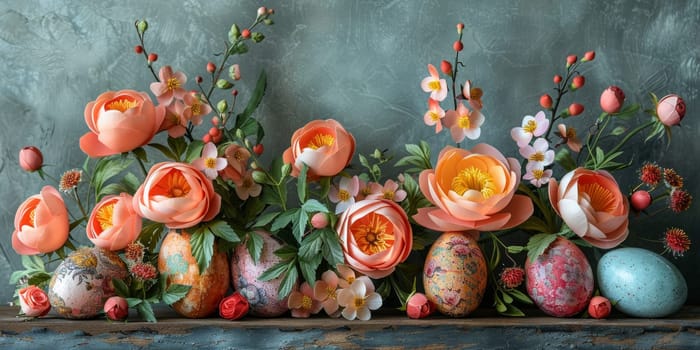 Vibrant Easter flowers bloom joyfully on a shelf, creating a colorful display of natures beauty.
