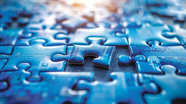 A detailed close-up of a single blue puzzle piece, showcasing intricate details and textures.