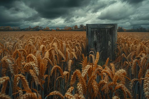 A rustic outhouse stands alone in a vast field of wheat, under a dramatic cloudy sky, embodying a sense of isolation and simplicity.
