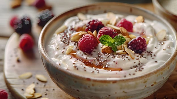 A nutritious dish made of yogurt topped with raspberries and almonds, a delicious combination of fruit and superfood on a tableware