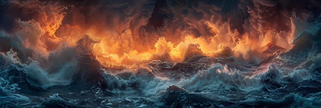 A mesmerizing painting depicting the contrasting elements of fire and water in an ocean setting, creating a dynamic and harmonious composition.