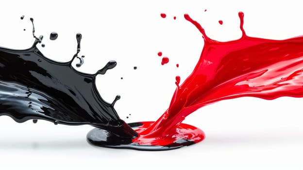 A vivid red liquid collides with a deep black liquid, creating a dramatic and mesmerizing splash in the background paint.