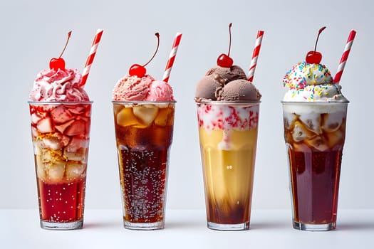 Four different types of milkshakes, a sweet and creamy drink, are displayed in a row on the table as part of a dessert selection