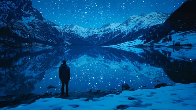 A silhouette of a person standing still in front of a calm lake under the starlit night sky, surrounded by peaceful reflections and a sense of serenity.