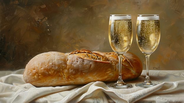 A vibrant painting featuring a freshly baked loaf of bread next to two elegant glasses of champagne. The warm tones of the bread contrast beautifully with the sparkling champagne, creating a unique and appealing composition.
