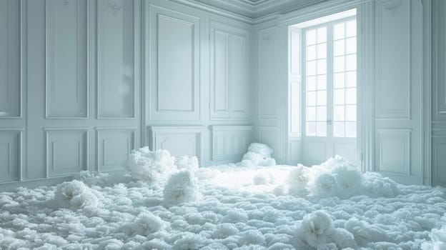 A room filled with ethereal white foam covering the floor, creating a dreamlike atmosphere.